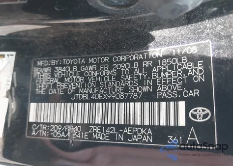 2009 Toyota Corolla из США, поврежденный, VIN JTDBL40EX99087787